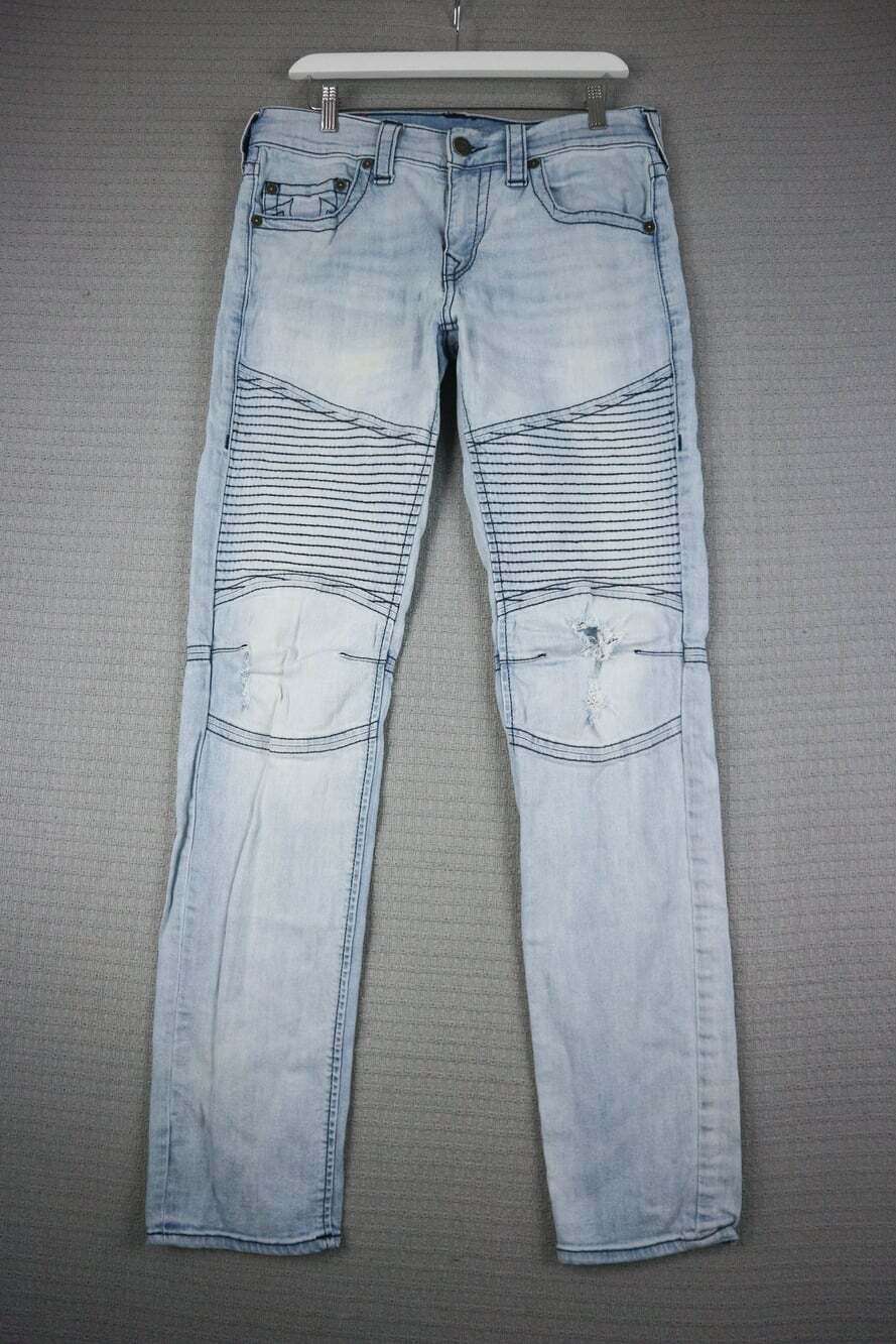 True Religion Rocco Moto Jeans Mens W31 Light Wash Moto Biker Stretch Denim